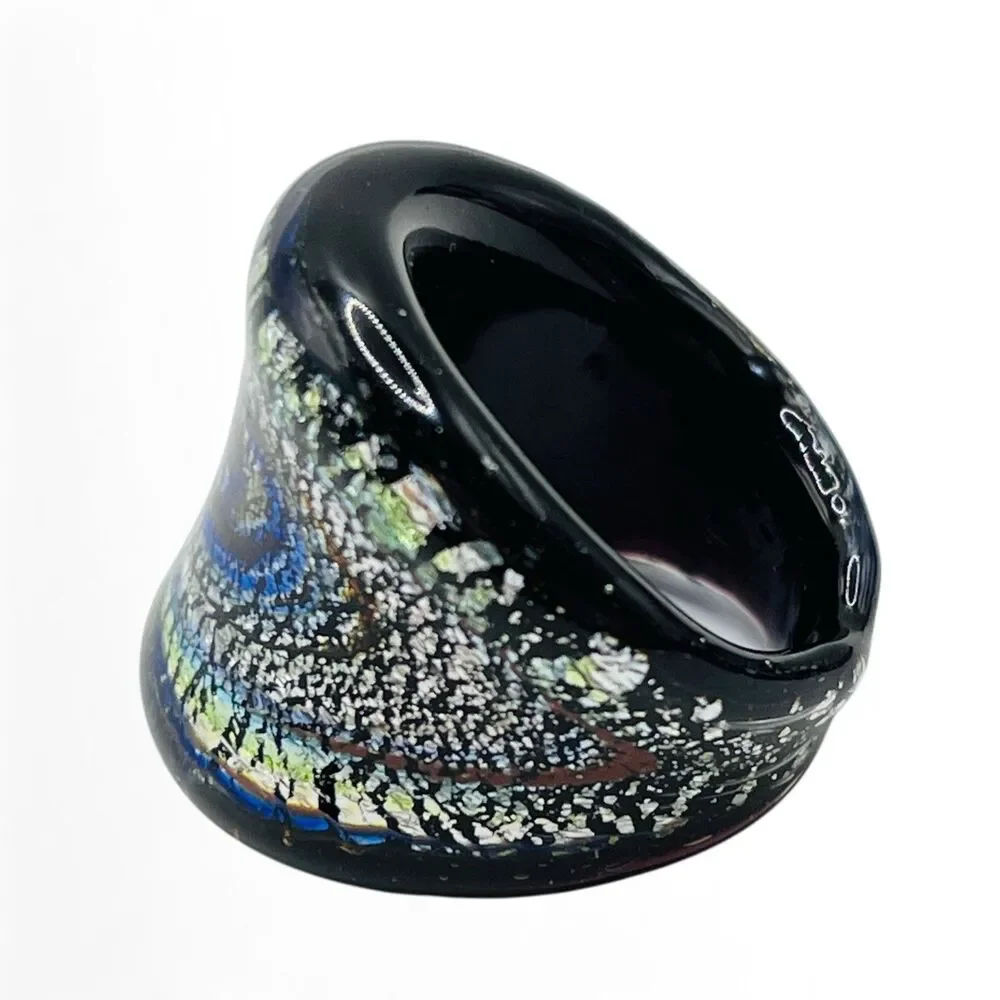 Hand Blown Glass Ring Sz 6.25 - 6.5 Black Swirl Metallic Wide Art Venetian Style